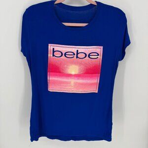 Bebe Womens Blue Graphic T-Shirt With Sunset Print